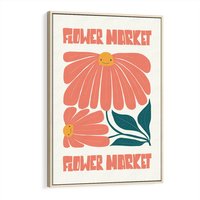 Obraz w ramie 80x120 - Grafika Pełna Radości - wesoła grafika, uśmiechnięte kwiaty - rama drewno