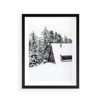 Plakat w ramie 30x40 - Zimowy Urok - śnieg, domek w górach - rama czarna