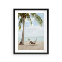 Plakat w ramie 50x70 - Relaks na plaży - palma, hamak - rama czarna