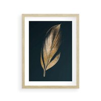 Plakat w ramie 30x40 - Mroczne Złoto - nowoczesna grafika, złoty liść na czarnym tle - rama drewno