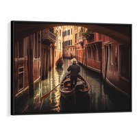 Obraz w ramie 100x70 - Spokojna Wenecja - gondolier w gondoli, kanały Wenecji - rama czarna