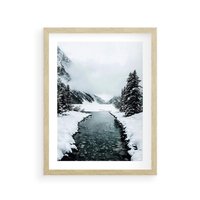 Plakat w ramie 50x70 - Zimowa Przyroda: Rzeka, Góry i Śnieg - zima, rzeka - rama drewno