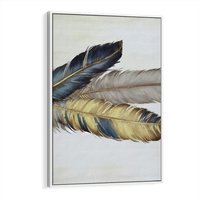 Obraz w ramie 70x100 - Granatowo-Złote Pióra - sztuka, granatowe i złote pióra - rama biała
