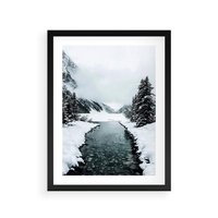 Plakat w ramie 50x70 - Zimowa Przyroda: Rzeka, Góry i Śnieg - zima, rzeka - rama czarna