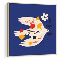 Obraz w ramie 80x80 - Bezczasowy Szept - niebieskie tło, abstrakcyjny biały ptak - rama drewno