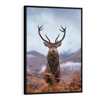 Obraz w ramie 50x70 - Jeleń w Uśpionym Krajobrazie - jeleń na tle gór, ośnieżone góry - rama czarna