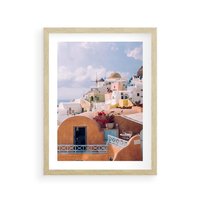 Plakat w ramie 50x70 - Błękit Morza i Białe Domki - Santorini, wyspa - rama drewno