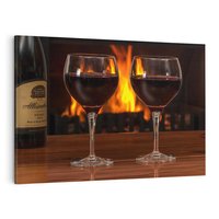 Obraz na płótnie 70x50 - Wino, Kieliszki, Kominek - Wieczór Pełen Relaksu - wino, kieliszki