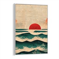 Obraz w ramie 70x100 - Czerwone Melodie - japońska sztuka, zachód słońca nad oceanem - rama biała