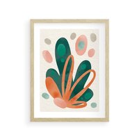 Plakat w ramie 30x40 - Harmonia bez Harmonii - akwarelowe abstrakcyjne kształty, zieleń i pomarańcz - rama drewno