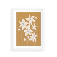 Plakat w ramie 40x50 - Kwiatowy Spektakl - minimalistyczne kwiaty, na pomarańczowym tle - rama biała