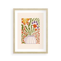 Plakat w ramie 30x40 - Świeżość Kwiatów - kwiaty w wazonie, minimalistyczna kompozycja - rama drewno