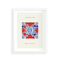 Plakat w ramie 30x40 - Tajemnicza Droga - nowoczesna kwiatowa kompozycja, czerwony i niebieski - rama biała