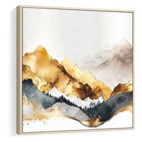 Obraz w ramie 50x50 - Złote Góry - akwarela, graficzne góry - rama drewno