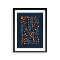 Plakat w ramie 30x40 - Symfonia liści i owoców - granatowe tło, pomarańczowe owoce jarzębiny - rama czarna