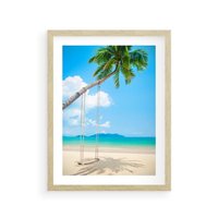 Plakat w ramie 50x70 - Hawajska palma i huśtawka na plaży - palma, huśtawka - rama drewno
