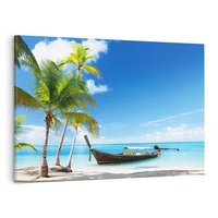 Obraz na płótnie 70x50 - Sielska plaża z łodzią na morzu - plaża, morze