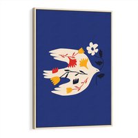 Obraz w ramie 50x70 - Bezczasowy Szept - niebieskie tło, abstrakcyjny biały ptak - rama drewno