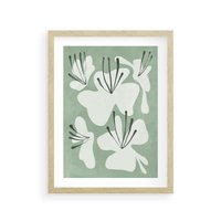 Plakat w ramie 50x70 - Rozkwitające Ukojenie - zgaszona zieleń, kwiaty - rama drewno