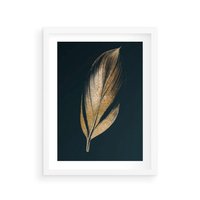Plakat w ramie 40x50 - Mroczne Złoto - nowoczesna grafika, złoty liść na czarnym tle - rama biała