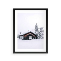 Plakat w ramie 50x70 - Zimowy Azyl: Domek w Górach - domek w górach, śnieg - rama czarna