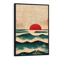 Obraz w ramie 70x100 - Czerwone Melodie - japońska sztuka, zachód słońca nad oceanem - rama czarna