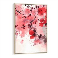 Obraz w ramie 80x120 - Szept Kwitnącej Wiśni - japoński parasol, liście - rama drewno