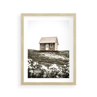 Plakat w ramie 50x70 - Krajobraz z Przeszłości: Kwitnąca Łąka w Sepii - domek na wzgórzu, kwitnąca łąka - rama drewno