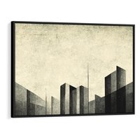 Obraz w ramie 70x50 - Mroczne Wieżowce - postarzana grafika, perspektywa budynków wieżowców - rama czarna