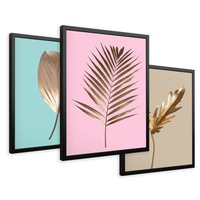 Zestaw obrazy w ramie 30x40 galeria - Złote, liście, palma, pastelowe, gold - rama czarna