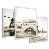 Zestaw obrazy w ramie 40x50 galeria - Wiatraki, domki, pola, łąki - rama biała