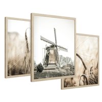 Zestaw obrazy w ramie 40x50 galeria - Pola, pszenicy, młyn, rustykalnie - rama drewno