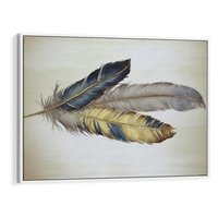 Obraz w ramie 70x50 - Granatowo-Złote Pióra - sztuka, granatowe i złote pióra - rama biała