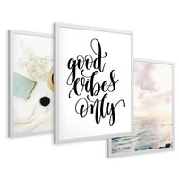 Zestaw obrazy w ramie 30x40 galeria - Good, vibes, plaża, boho, napis - rama biała