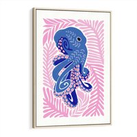 Obraz w ramie 70x100 - Rozkwitające marzenia - abstrakcyjna kompozycja, niebieska ośmiornica wśród różowej roślinnośći - rama drewno