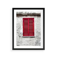 Plakat w ramie 30x40 - Okno z Czerwonymi Okiennicami - stare okno, kamienica - rama czarna