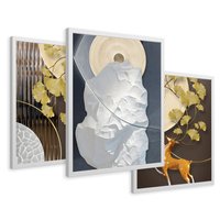 Zestaw obrazy w ramie 30x40 galeria - Japońskie, liście, abstrakcja, nowoczesny - rama biała