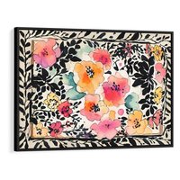 Obraz w ramie 100x70 - Opowieść w kroplach farb - akwarelowe kwiaty, mocna ornamentowa czarna ramka namalowana dookoła obrazu - rama czarna