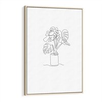 Obraz w ramie 80x120 - Tajemnicza Harmonia - sztuka one line, monstera - rama drewno
