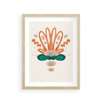 Plakat w ramie 50x70 - Harmonia Nienormalności - akwarelowe abstrakcyjne kształty, zieleń i pomarańcz - rama drewno