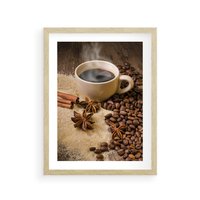 Plakat w ramie 50x70 - Kawowa filiżanka pełna aromatu - kawa, filiżanka - rama drewno