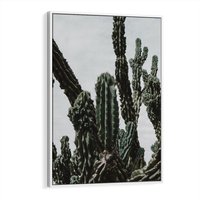 Obraz w ramie 80x120 - Boho oaza wśród kaktusów - kaktusy, pustynia - rama biała