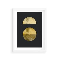 Plakat w ramie 40x50 - Migotliwe Przeniknięcia - złote koła, czarne tło - rama biała