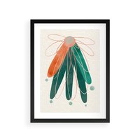 Plakat w ramie 30x40 - Energetyczna Harmonia Kwiatów - akwarelowe abstrakcyjne kształty, zieleń i pomarańcz - rama czarna