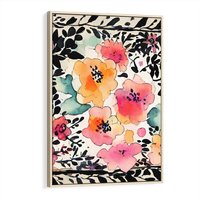 Obraz w ramie 70x100 - Opowieść w kroplach farb - akwarelowe kwiaty, mocna ornamentowa czarna ramka namalowana dookoła obrazu - rama drewno