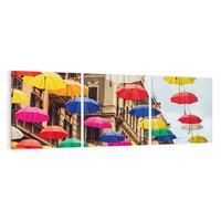 Obraz na płótnie 120x40 - Barwna symfonia wyobraźni - fotografia, kolorowe parasolki podwieszone nad ulicą