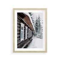Plakat w ramie 50x70 - Cicha Zima - zima, domek w górach - rama drewno