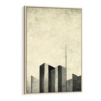 Obraz w ramie 70x100 - Mroczne Wieżowce - postarzana grafika, perspektywa budynków wieżowców - rama drewno