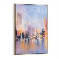 Obraz w ramie 80x120 - Miasto Refleksji - olejna panorama miasta w oddali, wiezowce odbijają się w rzece - rama drewno