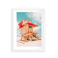Plakat w ramie 40x50 - Rajski Widok - plaża miami, domek ratownika - rama biała